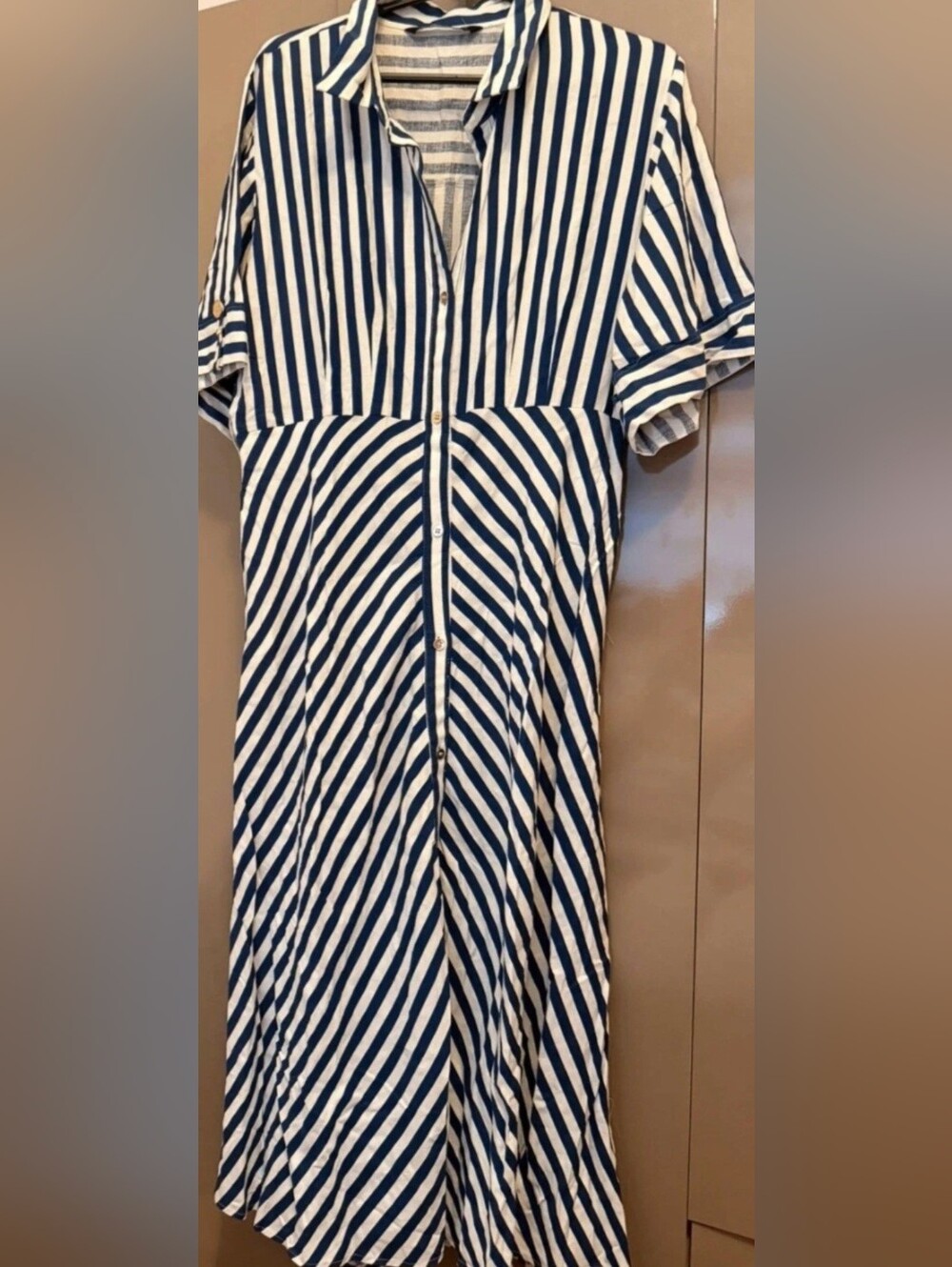 Zara Navy and White Striped Button-Front Dress